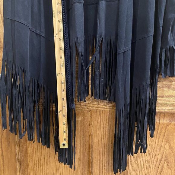 POL Cardigan Women’s Sz Large Black Open Front Fringe High Low Western Festival - Picture 6 of 7